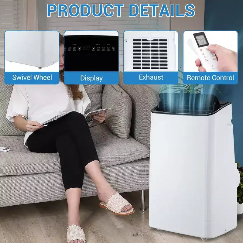 Aire Acondicionado Portátil Silencioso de 14.000 BTU: 3 en 1, Refrigeración, Deshumidificador y Ventilador para Habitaciones Grandes de Hasta 70 m². Incluye Mando a Distancia, Modo de Reposo y Temporizador de 24 Horas