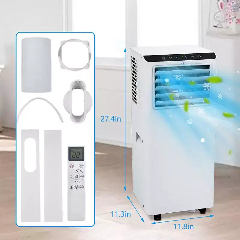 Aire acondicionado portátil blanco de 8,000 BTU, potente refrigeración para espacios de 350 pies cuadrados. 4 modos: frío, ventilador, deshumidificador y reposo con control remoto y temporizador programable de 24 horas