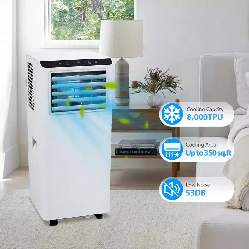 Aire acondicionado portátil blanco de 8,000 BTU, potente refrigeración para espacios de 350 pies cuadrados. 4 modos: frío, ventilador, deshumidificador y reposo con control remoto y temporizador programable de 24 horas