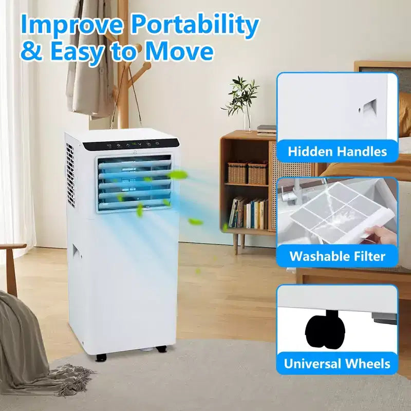 Aire acondicionado portátil blanco de 8,000 BTU, potente refrigeración para espacios de 350 pies cuadrados. 4 modos: frío, ventilador, deshumidificador y reposo con control remoto y temporizador programable de 24 horas