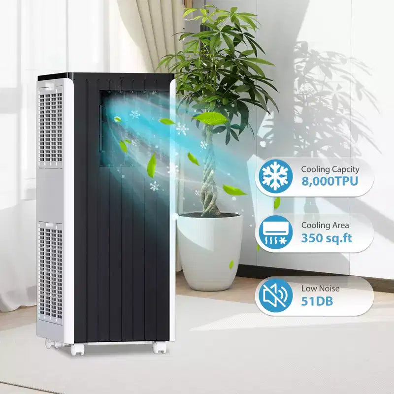 Aire acondicionado portátil de 8.000 BTU, deshumidificador y ventilador integrados. Enfría 32,5 m². Incluye temporizador, modo de suspensión, control remoto y kit de ventana.