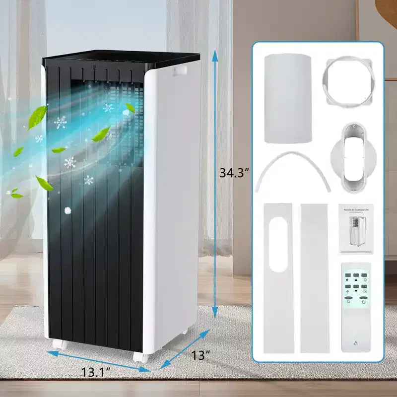 Aire acondicionado portátil de 8.000 BTU, deshumidificador y ventilador integrados. Enfría 32,5 m². Incluye temporizador, modo de suspensión, control remoto y kit de ventana.