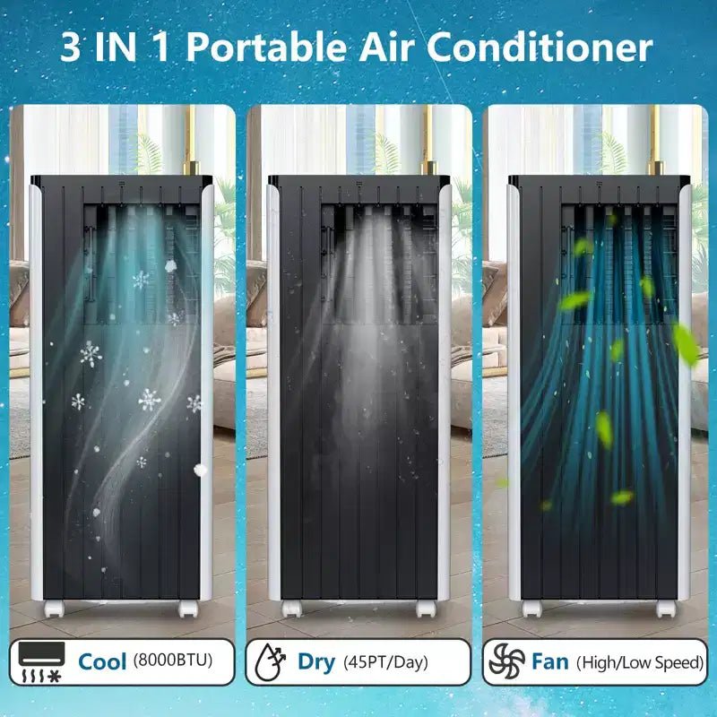 Aire acondicionado portátil de 8.000 BTU, deshumidificador y ventilador integrados. Enfría 32,5 m². Incluye temporizador, modo de suspensión, control remoto y kit de ventana.