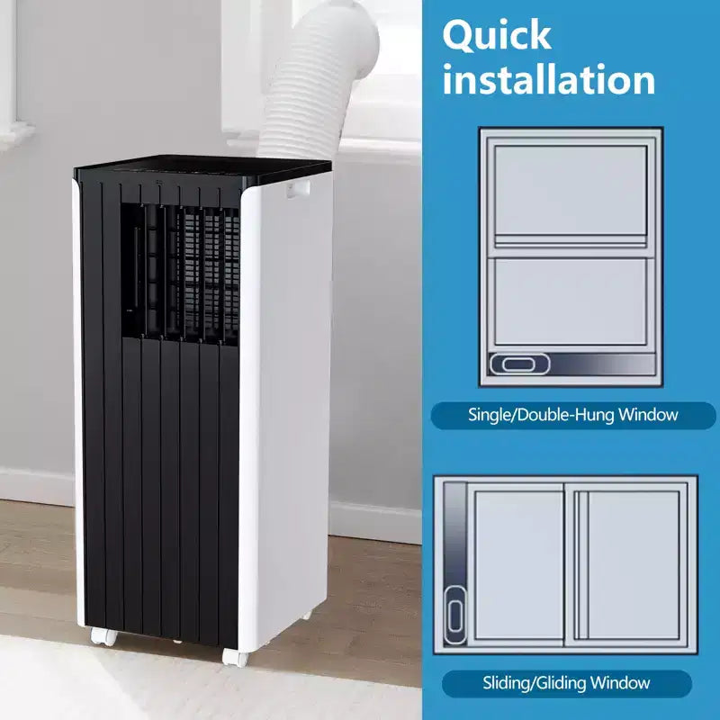 Aire acondicionado portátil de 8.000 BTU, deshumidificador y ventilador integrados. Enfría 32,5 m². Incluye temporizador, modo de suspensión, control remoto y kit de ventana.