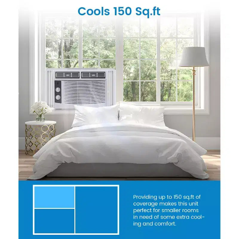 Aire acondicionado de ventana de 5000 BTU de bajo consumo para habitaciones de hasta 14 metros cuadrados. Funcionamiento silencioso, controles mecánicos, fácil instalación