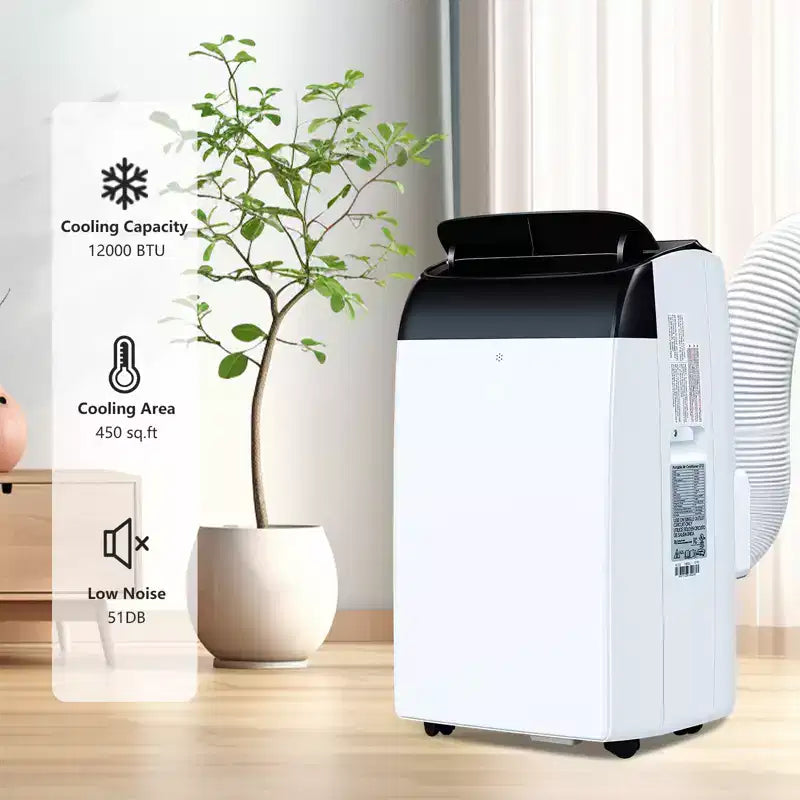 Aire Acondicionado Portátil Pequeño e Inteligente: 12K BTU, Enfriamiento 3 en 1 para Habitaciones de 550 Pies Cuadrados con Control Remoto LCD. Cuenta con Modos Ventilador y Deshumidificador en Blanco
