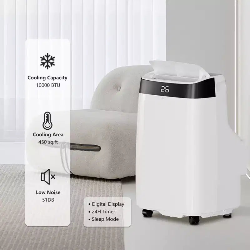 Aire acondicionado portátil con kit completo para ventana y manguera: 10K BTU, 3 en 1 para enfriar habitaciones de hasta 42 m² (Enfriar/Deshumidificar/Ventilar). Incluye temporizador de 24 horas