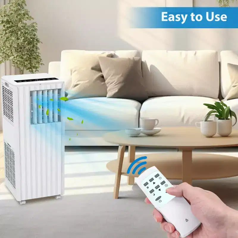 Aire Acondicionado Portátil de Pie 3 en 1, 8,000 BTU, Blanco. Enfría 350 pies cuadrados con deshumidificador, ventilador y control remoto.