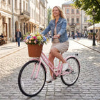 Bicicleta playera Gymax de 26 pulgadas con asiento ajustable, cesta tejida y portaequipajes trasero