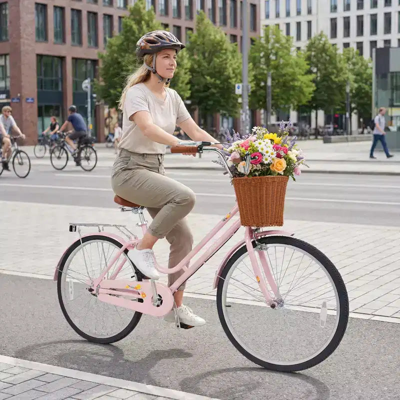 Bicicleta playera Gymax de 26 pulgadas con asiento ajustable, cesta tejida y portaequipajes trasero