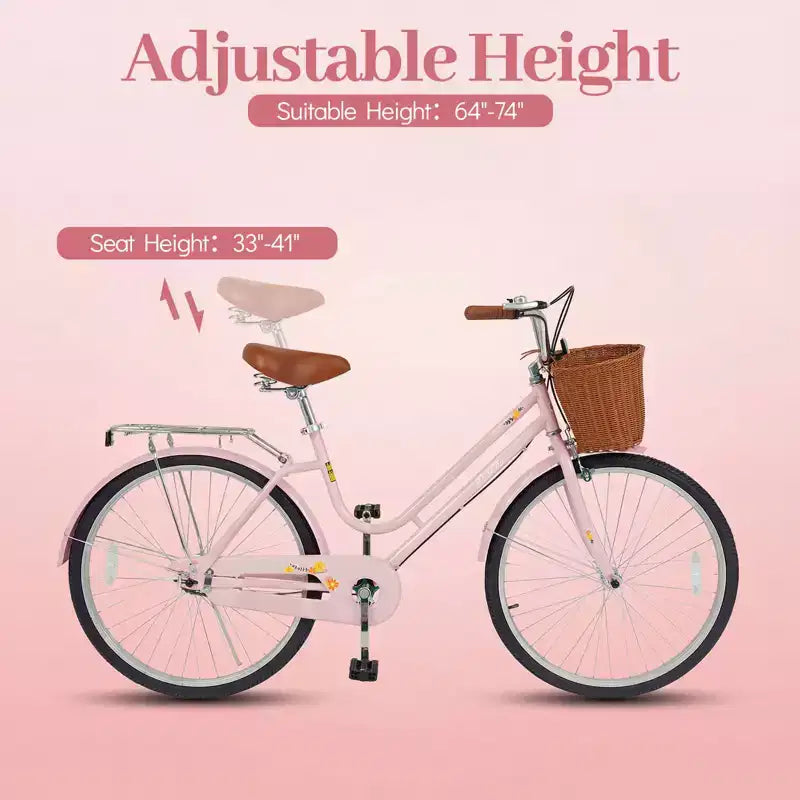 Bicicleta playera Gymax de 26 pulgadas con asiento ajustable, cesta tejida y portaequipajes trasero