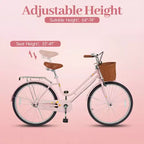 Bicicleta playera Gymax de 26 pulgadas con asiento ajustable, cesta tejida y portaequipajes trasero