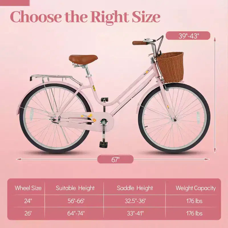 Bicicleta playera Gymax de 26 pulgadas con asiento ajustable, cesta tejida y portaequipajes trasero