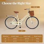 Bicicleta playera Gymax de 26 pulgadas con asiento ajustable, cesta tejida y portaequipajes trasero