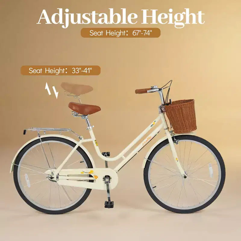 Bicicleta playera Gymax de 26 pulgadas con asiento ajustable, cesta tejida y portaequipajes trasero