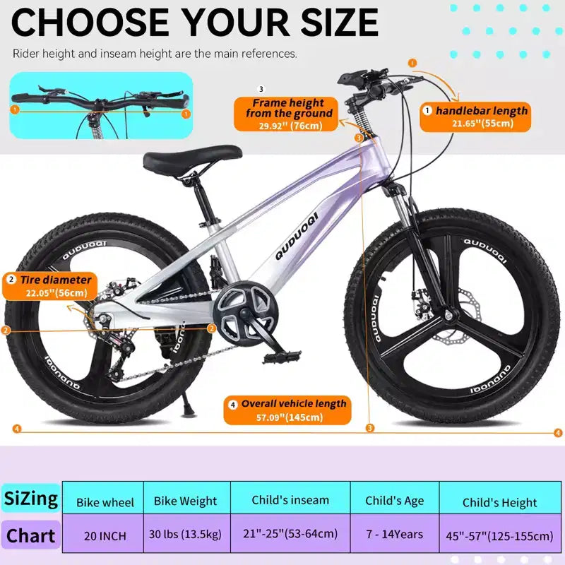 Bicicleta de montaña NAYSAYE de 20 pulgadas para niños con transmisión de 7 velocidades y cuadro de aleación de magnesio para niños y niñas de 8 a 12 años, 57.09*21.65*29.92