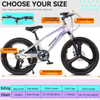 Bicicleta de montaña NAYSAYE de 20 pulgadas para niños con transmisión de 7 velocidades y cuadro de aleación de magnesio para niños y niñas de 8 a 12 años, 57.09*21.65*29.92