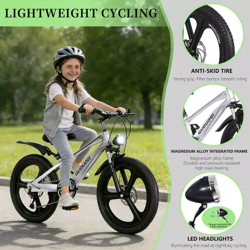 Bicicleta de montaña NAYSAYE de 20 pulgadas para niños con transmisión de 7 velocidades y cuadro de aleación de magnesio para niños y niñas de 8 a 12 años, 57.09*21.65*29.92