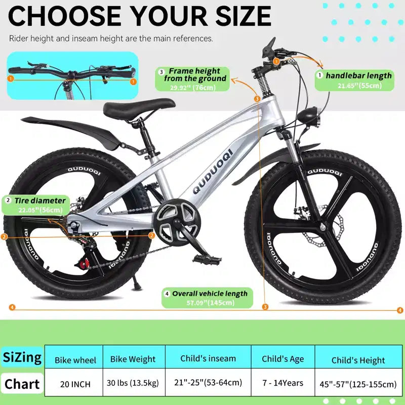 Bicicleta de montaña NAYSAYE de 20 pulgadas para niños con transmisión de 7 velocidades y cuadro de aleación de magnesio para niños y niñas de 8 a 12 años, 57.09*21.65*29.92