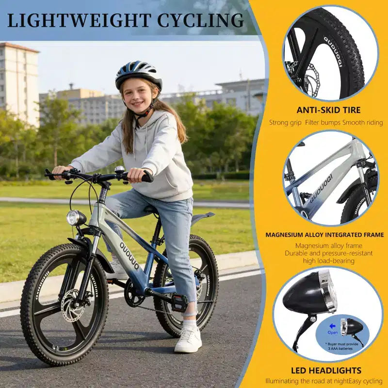 Bicicleta de montaña NAYSAYE de 20 pulgadas para niños con transmisión de 7 velocidades y cuadro de aleación de magnesio para niños y niñas de 8 a 12 años, 57.09*21.65*29.92