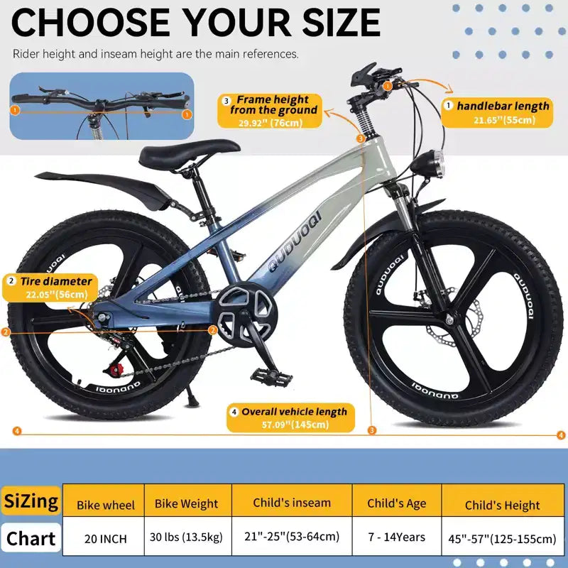 Bicicleta de montaña NAYSAYE de 20 pulgadas para niños con transmisión de 7 velocidades y cuadro de aleación de magnesio para niños y niñas de 8 a 12 años, 57.09*21.65*29.92