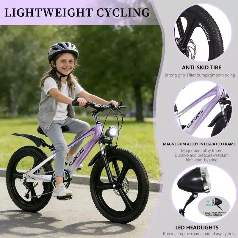 Bicicleta de montaña NAYSAYE de 20 pulgadas para niños con transmisión de 7 velocidades y cuadro de aleación de magnesio para niños y niñas de 8 a 12 años, 57.09*21.65*29.92