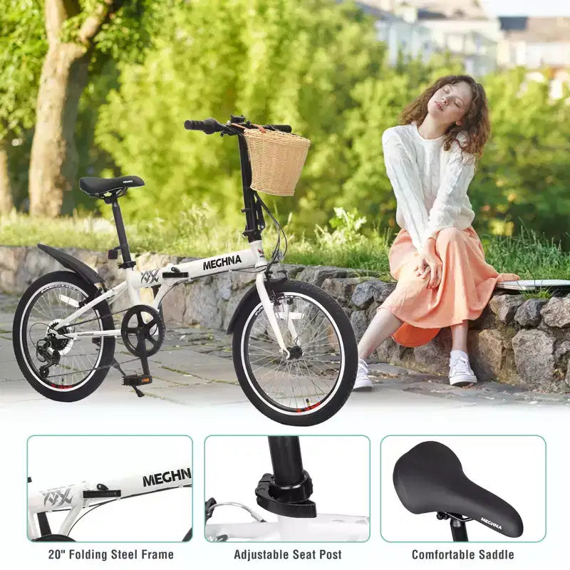 Bicicleta Plegable NAYSAYE de 20 Pulgadas para Adultos con Cesta, Soporte para Teléfono, Guardabarros, 6 Velocidades, Cuadro de Acero, Frenos en V Dobles para Hombres y Mujeres, Blanca, 61*26.38*42.13