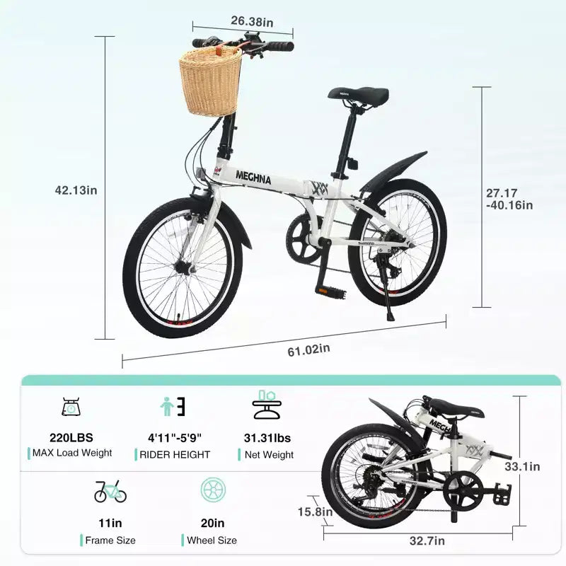 Bicicleta Plegable NAYSAYE de 20 Pulgadas para Adultos con Cesta, Soporte para Teléfono, Guardabarros, 6 Velocidades, Cuadro de Acero, Frenos en V Dobles para Hombres y Mujeres, Blanca, 61*26.38*42.13