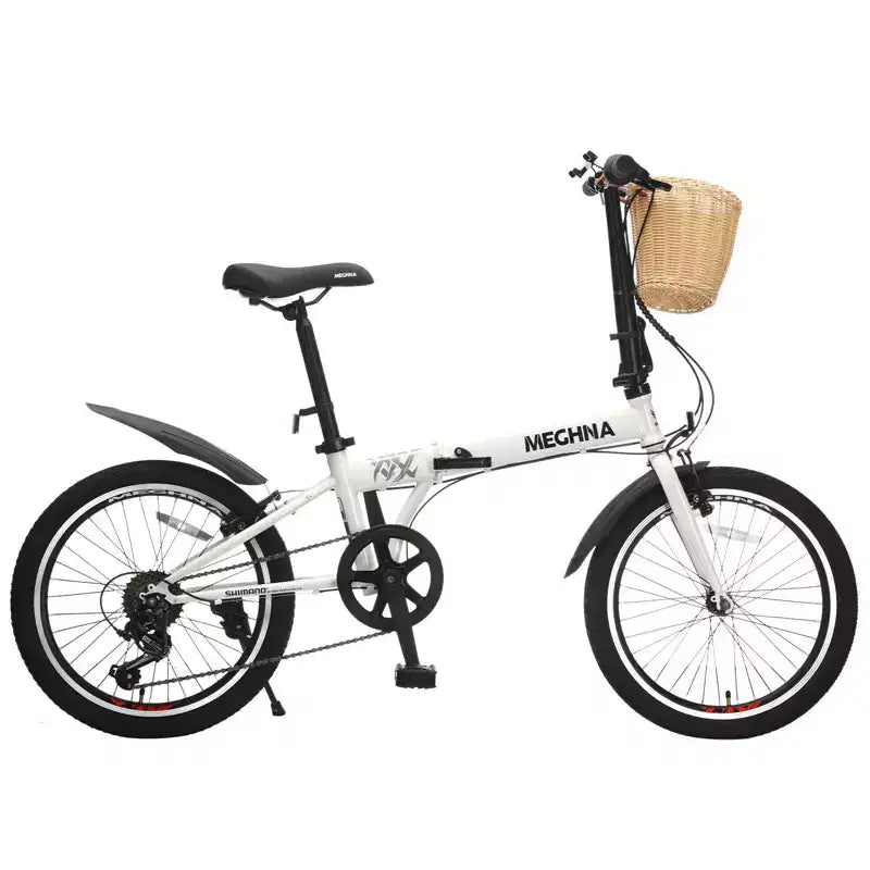 Bicicleta Plegable NAYSAYE de 20 Pulgadas para Adultos con Cesta, Soporte para Teléfono, Guardabarros, 6 Velocidades, Cuadro de Acero, Frenos en V Dobles para Hombres y Mujeres, Blanca, 61*26.38*42.13