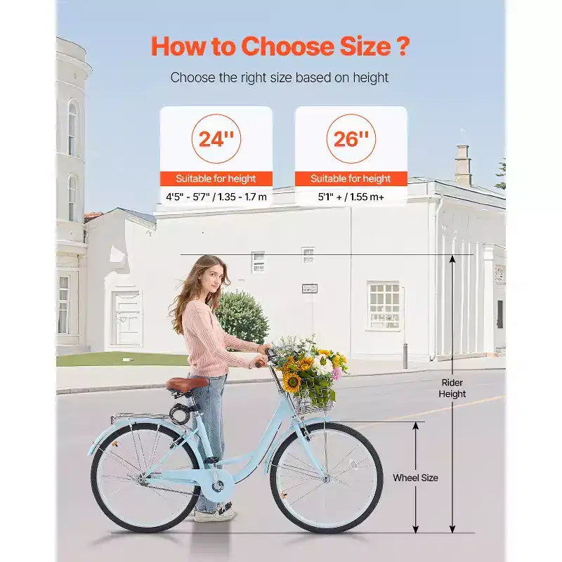 VEVOR Bicicleta Crucero, 1 Velocidad, Bicicleta Crucero de Playa de 26 Pulgadas Azul Claro con Cesta de Gran Capacidad y Portaequipajes Trasero, Bicicleta Crucero Segura y Robusta, Azul Claro