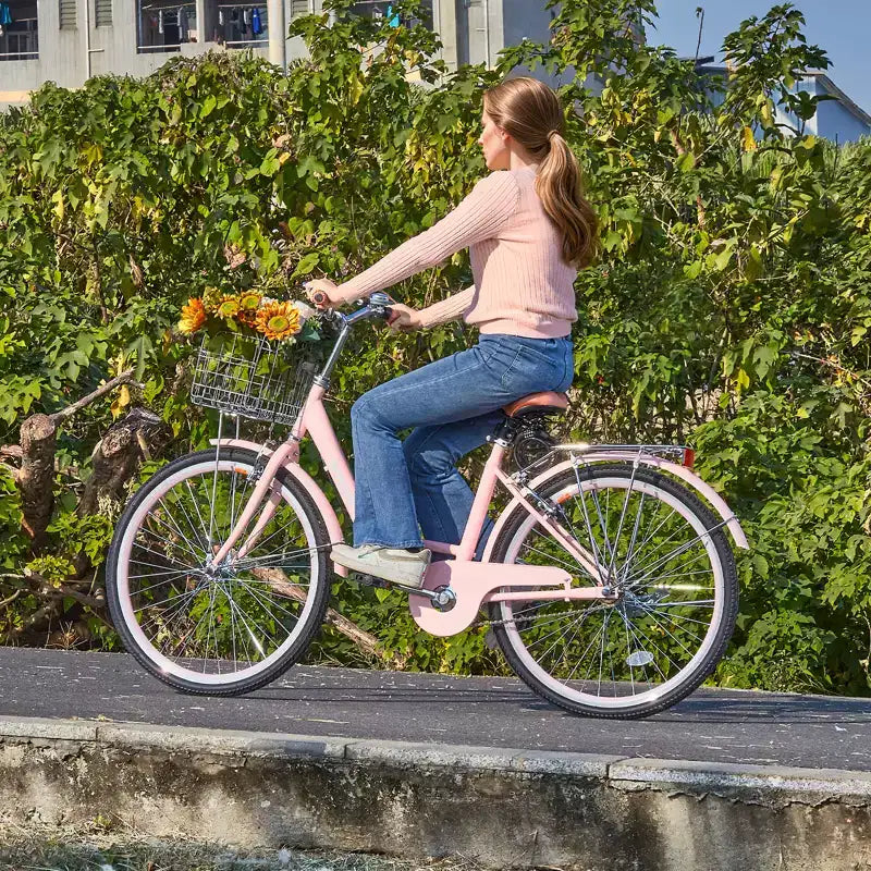 VEVOR Bicicleta de Crucero, 1 velocidad, Bicicleta de Crucero de Playa Rosa de 26 pulgadas con Cesta de Gran Capacidad y Portaequipajes Trasero, Bicicleta de Crucero Segura y Resistente, Rosa