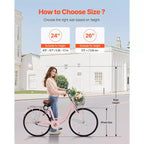 VEVOR Bicicleta de Crucero, 1 velocidad, Bicicleta de Crucero de Playa Rosa de 26 pulgadas con Cesta de Gran Capacidad y Portaequipajes Trasero, Bicicleta de Crucero Segura y Resistente, Rosa