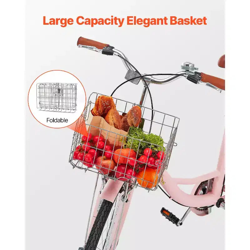 VEVOR Bicicleta de Crucero, 1 velocidad, Bicicleta de Crucero de Playa Rosa de 26 pulgadas con Cesta de Gran Capacidad y Portaequipajes Trasero, Bicicleta de Crucero Segura y Resistente, Rosa