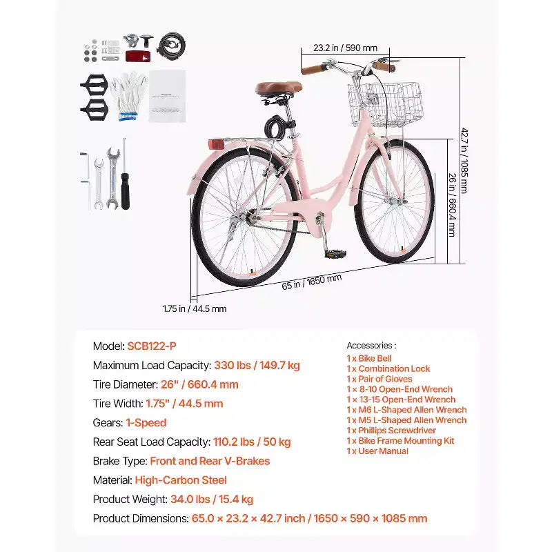 VEVOR Bicicleta de Crucero, 1 velocidad, Bicicleta de Crucero de Playa Rosa de 26 pulgadas con Cesta de Gran Capacidad y Portaequipajes Trasero, Bicicleta de Crucero Segura y Resistente, Rosa