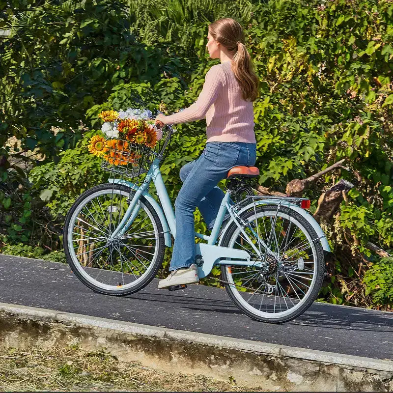 Bicicleta de paseo VEVOR, 7 velocidades, 26 pulgadas, estilo playero, azul claro, con cesta de gran capacidad y portaequipajes trasero, segura y resistente, azul claro
