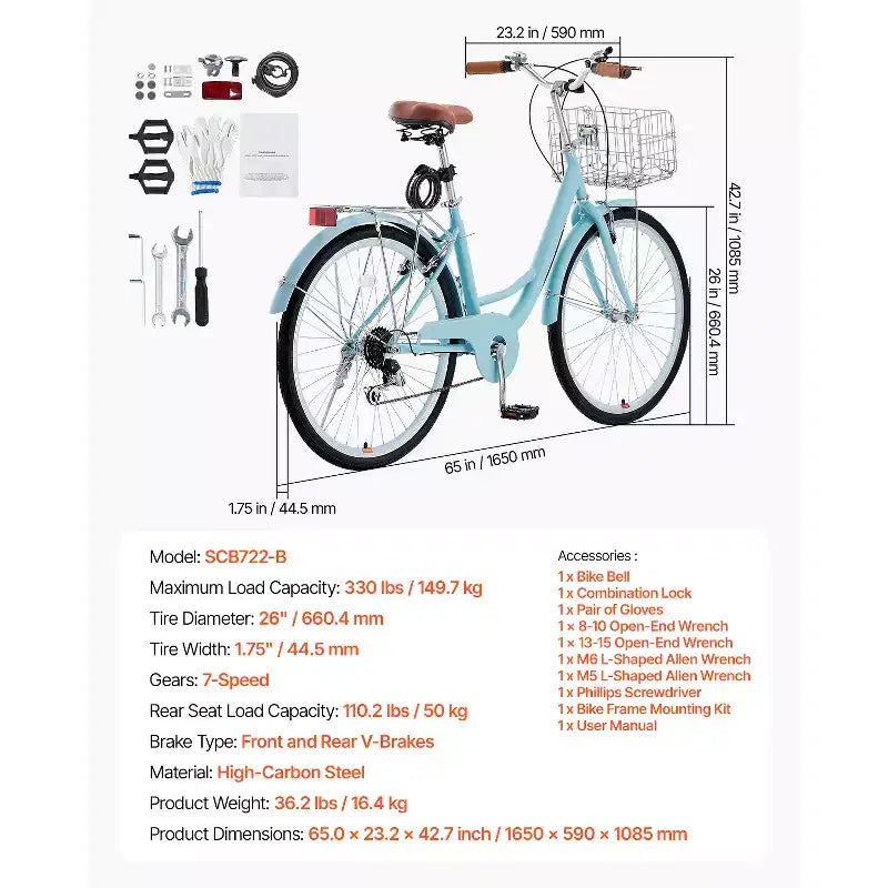 Bicicleta de paseo VEVOR, 7 velocidades, 26 pulgadas, estilo playero, azul claro, con cesta de gran capacidad y portaequipajes trasero, segura y resistente, azul claro