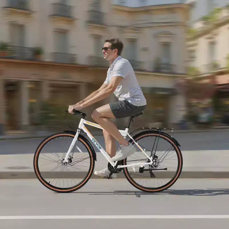 Bicicleta Híbrida VEVOR, Bicicleta con Cuadro Ligero de Aluminio, Bicicleta Híbrida de 700c para Hombres y Mujeres, Bicicletas Urbanas para Adultos con Cuadro Alto, Blancas