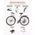 Bicicleta Híbrida VEVOR, Bicicleta con Cuadro Ligero de Aluminio, Bicicleta Híbrida de 700c para Hombres y Mujeres, Bicicletas Urbanas para Adultos con Cuadro Alto, Blancas