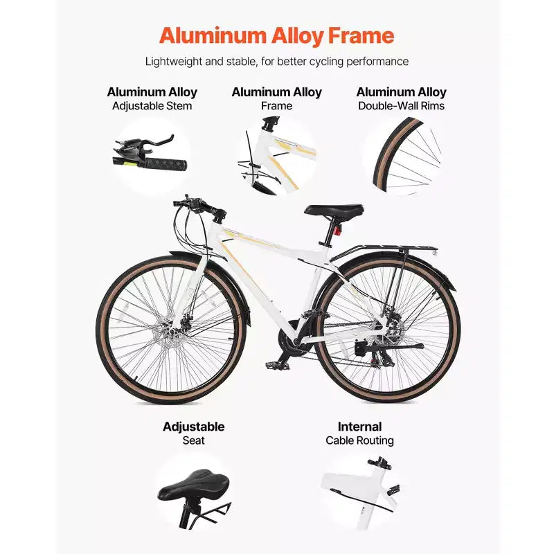 Bicicleta Híbrida VEVOR, Bicicleta con Cuadro Ligero de Aluminio, Bicicleta Híbrida de 700c para Hombres y Mujeres, Bicicletas Urbanas para Adultos con Cuadro Alto, Blancas