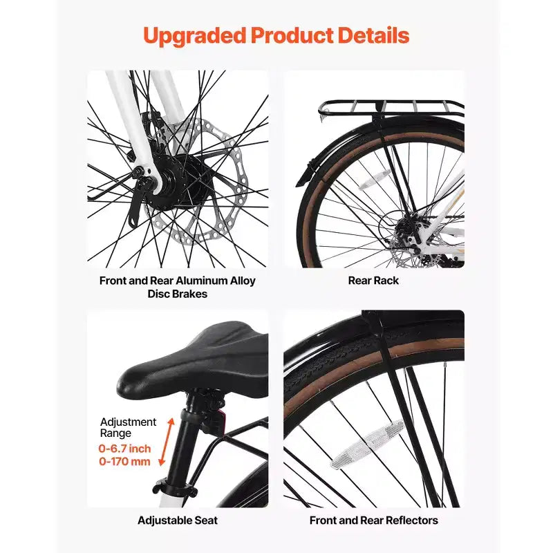 Bicicleta Híbrida VEVOR, Bicicleta con Cuadro Ligero de Aluminio, Bicicleta Híbrida de 700c para Hombres y Mujeres, Bicicletas Urbanas para Adultos con Cuadro Alto, Blancas