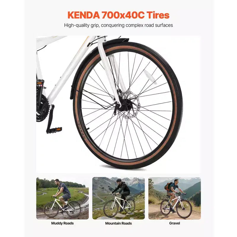 Bicicleta Híbrida VEVOR, Bicicleta con Cuadro Ligero de Aluminio, Bicicleta Híbrida de 700c para Hombres y Mujeres, Bicicletas Urbanas para Adultos con Cuadro Alto, Blancas