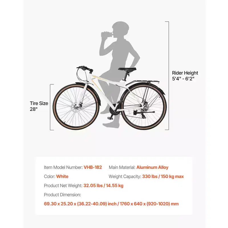 Bicicleta Híbrida VEVOR, Bicicleta con Cuadro Ligero de Aluminio, Bicicleta Híbrida de 700c para Hombres y Mujeres, Bicicletas Urbanas para Adultos con Cuadro Alto, Blancas