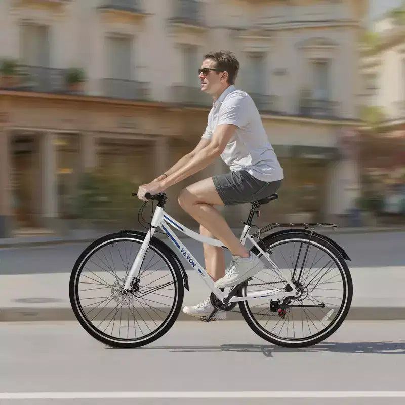 VEVOR Bicicleta Híbrida, Bicicleta con Cuadro de Aluminio Ligero, Bicicleta Híbrida de 700c para Hombres y Mujeres, Bicicletas Urbanas para Desplazamientos Diarios para Adultos, Blanco