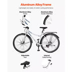 VEVOR Bicicleta Híbrida, Bicicleta con Cuadro de Aluminio Ligero, Bicicleta Híbrida de 700c para Hombres y Mujeres, Bicicletas Urbanas para Desplazamientos Diarios para Adultos, Blanco