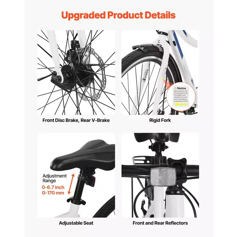 VEVOR Bicicleta Híbrida, Bicicleta con Cuadro de Aluminio Ligero, Bicicleta Híbrida de 700c para Hombres y Mujeres, Bicicletas Urbanas para Desplazamientos Diarios para Adultos, Blanco