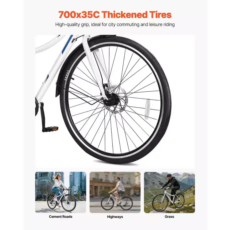 VEVOR Bicicleta Híbrida, Bicicleta con Cuadro de Aluminio Ligero, Bicicleta Híbrida de 700c para Hombres y Mujeres, Bicicletas Urbanas para Desplazamientos Diarios para Adultos, Blanco