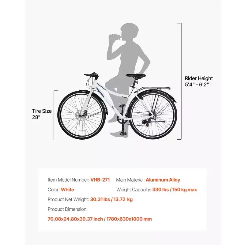 VEVOR Bicicleta Híbrida, Bicicleta con Cuadro de Aluminio Ligero, Bicicleta Híbrida de 700c para Hombres y Mujeres, Bicicletas Urbanas para Desplazamientos Diarios para Adultos, Blanco