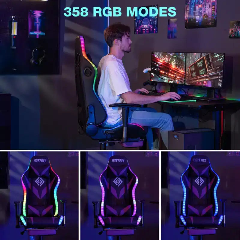 Sillón de oficina ergonómico Hoffree para juegos, reclinable, con masaje, altavoz Bluetooth y luz RGB