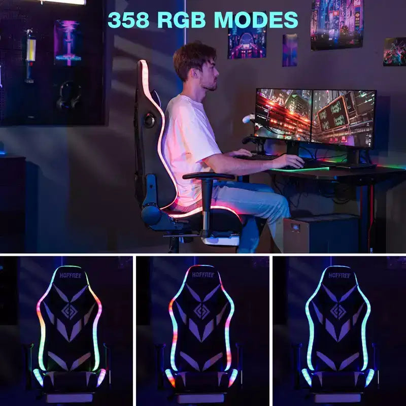 Sillón de oficina ergonómico Hoffree para juegos, reclinable, con masaje, altavoz Bluetooth y luz RGB