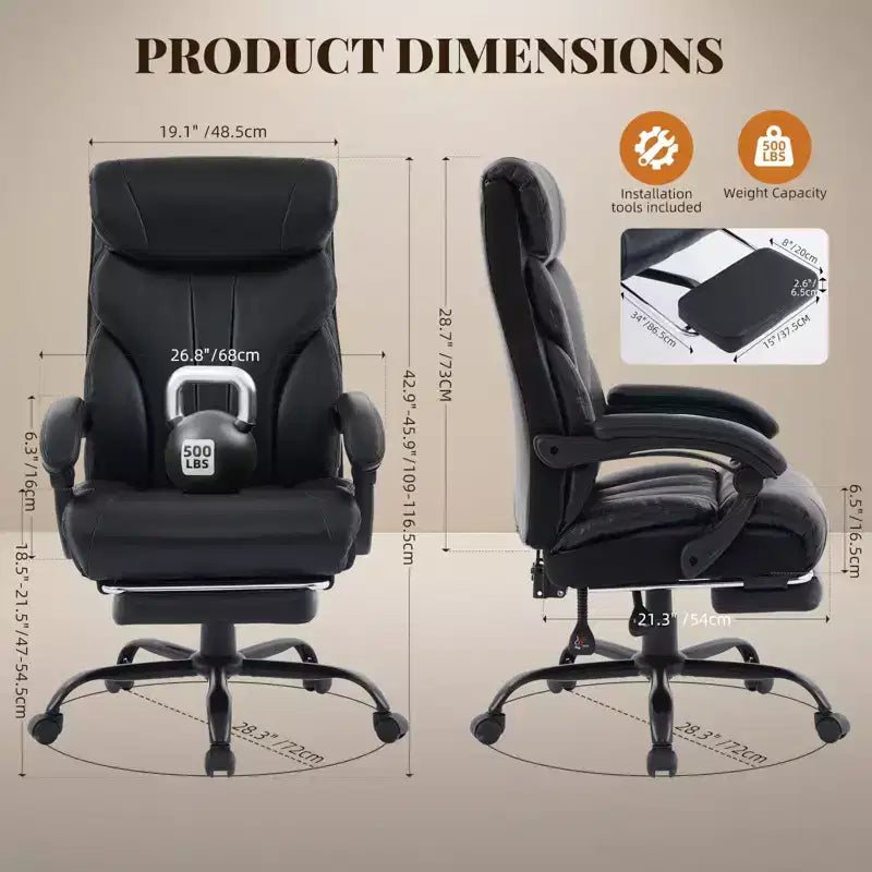 Silla de escritorio de oficina, silla ejecutiva grande y alta de 500 libras con reposapiés, silla de juegos reclinable de cuero 90-155
